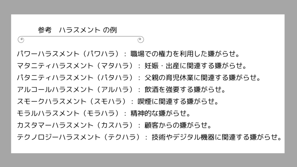 【参考　ハラスメント とつく言葉】
パワーハラスメント（パワハラ） :  職場での権力を利用した嫌がらせ。
マタニティハラスメント（マタハラ） :  妊娠・出産に関連する嫌がらせ。
パタニティハラスメント（パタハラ） :  父親の育児休業に関連する嫌がらせ。
アルコールハラスメント（アルハラ） :  飲酒を強要する嫌がらせ。
スモークハラスメント（スモハラ） :  喫煙に関連する嫌がらせ。
モラルハラスメント（モラハラ） :  精神的な嫌がらせ。
カスタマーハラスメント（カスハラ） :  顧客からの嫌がらせ。
テクノロジーハラスメント（テクハラ） :  技術やデジタル機器に関連する嫌がらせ。